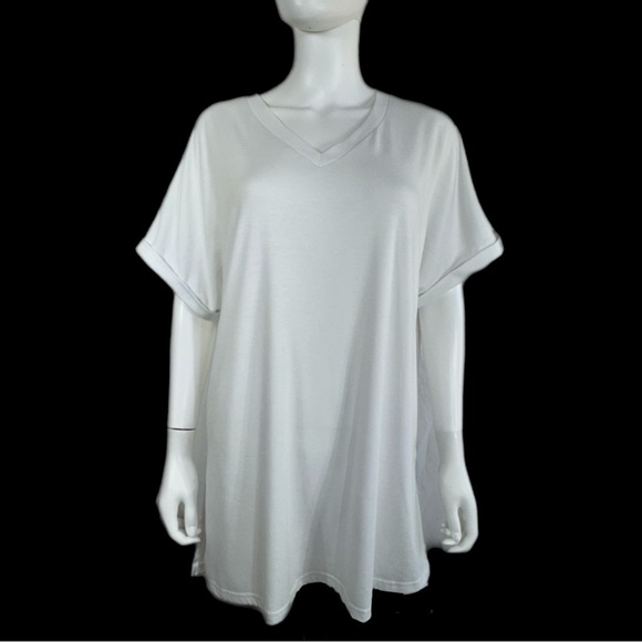 Women’s White V-Neck Rolled Dolman Sleeve Tunic Tee - Picture 1 of 7